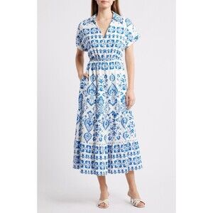 Sam Edelman New Women's Mixed Paisley Midi Dress Size 6 Blue White Floral V-Neck